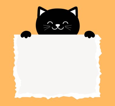 Çizgi film kara kedisi yırtık bir kağıt çarşaf tutuyor. Vektör illüstrasyonu