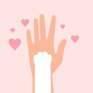 Kedi pençesi insan elinin üzerinde. Kedi pençesi tutan adam. Hayvanınıza sevgilerimle, evcil hayvan, evcil hayvan bağışçısı ve veteriner bakımı konseptini benimseyin. Vektör illüstrasyonu