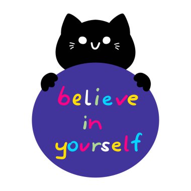 Çizgi film karakteri, motive edici bir ifadeyle bir çember tutuyor. Kendine inan. Beyaz arka planda izole edilmiş. Vektör illüstrasyonu