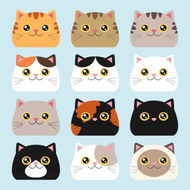 Farklı renklerde kedi kafası koleksiyonu. Farklı renk desenli kediler. Vektör illüstrasyonu