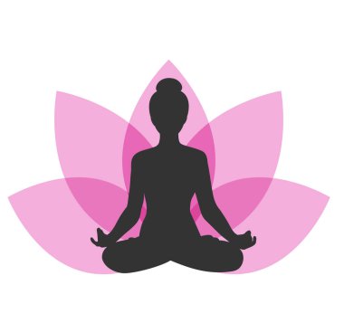 Nilüfer çiçeğinin arka planında lotus pozisyonunda oturan bir kadının silueti. Yoga ve meditasyon yapan bir kız. Meditasyon ve sağlıklı yaşam tarzı. Vektör illüstrasyonu