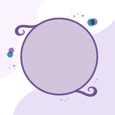 Metin veya fotoğraf için kopyalama alanı olan mor daire şekilli çerçeve. Yıldızlar ve şekillerle süslenmiş basit bir şablon. Vektör illüstrasyonu