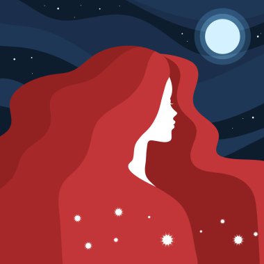 Gece gökyüzü arka planında uzun dalgalı saçlı soyut kızıl saçlı kadın. Vektör illüstrasyonu