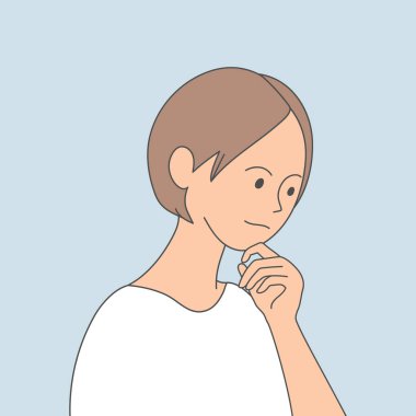 Düşünceli bir duruşu olan genç bir kız. Kadın düşünüyor ya da karar veriyor. Vektör illüstrasyonu