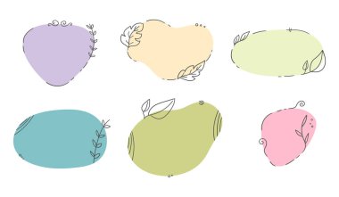 Botanik elementler ve çizgilerle dekore edilmiş basit karalama çerçeveleri. Boşluğu olan farklı karalama şekilleri. Vektör illüstrasyonu