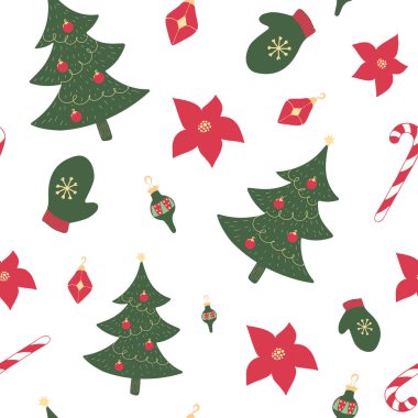 Noel ağacı, süslemeler, yeşil ve kırmızı renkli eldiven Noel şenliksiz deseni. Vektör illüstrasyonu
