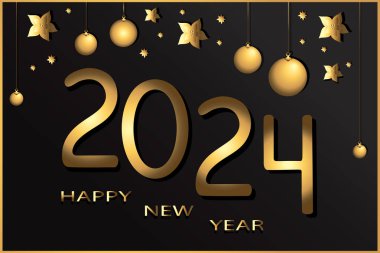 Mutlu yıllar 2024. Yıldız konfetileri ve şenlik toplarıyla süslenmiş siyah arkaplandaki altın numaralar. El çizimi vektör illüstrasyonu