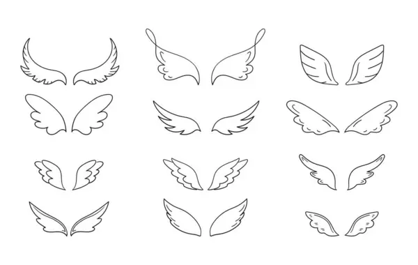 Verzameling Van Handgetekende Vleugels Verschillende Vormen Doodle Vleugels Collectie Vectorillustratie — Stockvector