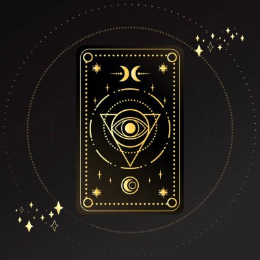 Sihirli gözlü altın tarot kartı ve geometrik şekillerle süslenmiş hilal. Tarot sembolizmi. Gizem, astroloji, ezoterik. Vektör illüstrasyonu