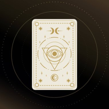Sihirli gözlü altın ve beyaz Tarot kartı ve geometrik şekillerle süslenmiş hilal. Tarot sembolizmi. Gizem, astroloji, ezoterik. Vektör illüstrasyonu