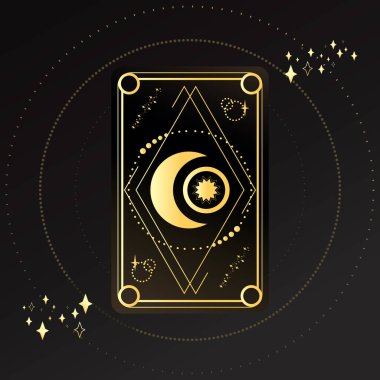 Hilal şeklinde altın tarot kartı ve geometrik şekillerle süslenmiş yıldız. Tarot sembolizmi. Gizem, astroloji, ezoterik. Vektör illüstrasyonu