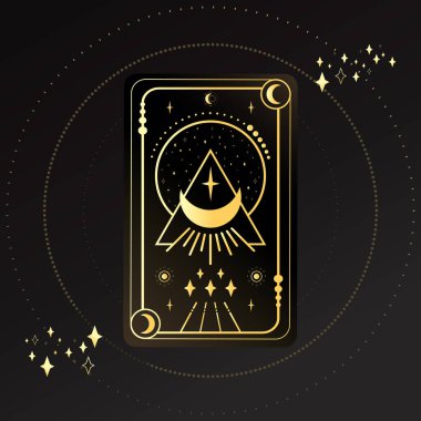 Geometrik şekillerle süslenmiş üçgen şeklinde parlayan hilal şeklinde altın tarot kartı. Tarot sembolizmi. Gizem, astroloji, ezoterik. Vektör illüstrasyonu