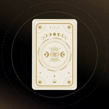 Sihirli gözlü altın ve beyaz Tarot kartı, ay ve hilal geometrik şekillerle süslenmiş. Tarot sembolizmi. Gizem, astroloji, ezoterik. Vektör illüstrasyonu