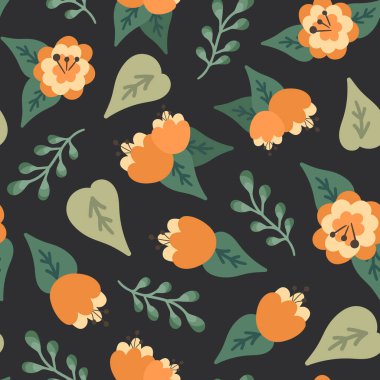 El çizimi parlak çiçekli, pürüzsüz desen. Çizgi film turuncu çiçekleri ve koyu arkaplanda yeşil yapraklar. Vektör illüstrasyonu