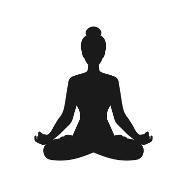 Lotus pozisyonunda oturan bir kadının silüeti. Yoga ve meditasyon yapan bir kız. Meditasyon ve sağlıklı yaşam tarzı. Vektör illüstrasyonu