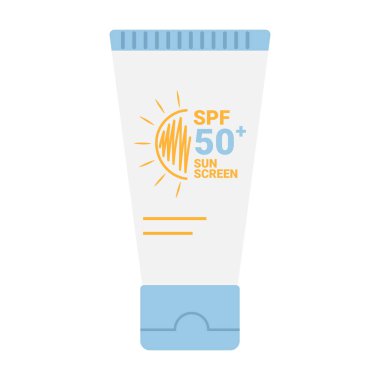 Güneş kremi ile birlikte tüp. SPF yaz cilt ürünleri tasarımı. SPF 50 krem ya da losyon. Vektör illüstrasyonu