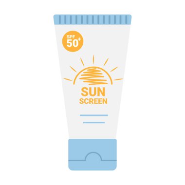 İçinde güneş kremi olan bir tüp. SPF yaz cilt ürünleri tasarımı. SPF 50 krem ya da losyon. Vektör illüstrasyonu