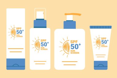 Güneş kremi seti. SPF yaz cilt ürünleri tasarımı. SPF 50 krem, sprey, losyon, süt. Vektör illüstrasyonu