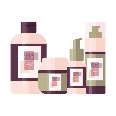 Temizleme köpüğü, yüz serumu, krem ve tonik gibi kozmetik ürünler. Soyut kadın yüzü logosuyla dekore edilmiş cilt bakımı için şişeler. Vektör illüstrasyonu