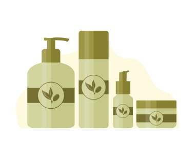 Temizleme jeli, tonik, yüz serumu ve kremi gibi kozmetik ürünler. Güzellik için şişe ve tüpler ve zeytin dalı logosuyla süslenmiş cilt bakımı. Vektör illüstrasyonu