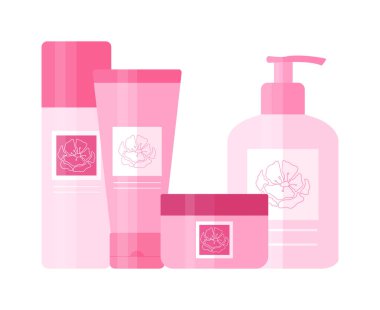 Temizleme jeli, tonik, yüz kremi ve vücut losyonu gibi kozmetik ürünler. Güzellik için şişe ve tüpler ve pembe çiçek logosuyla süslenmiş cilt bakımı. Vektör illüstrasyonu