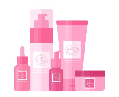 Temizleme jeli, tonik, yüz serumu ve kremi gibi kozmetik ürünler. Güzellik için şişe ve tüpler ve pembe çiçek logosuyla süslenmiş cilt bakımı. Vektör illüstrasyonu