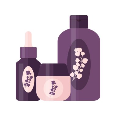 Günlük rutinler için kozmetik ürünler seti. Cilt bakımı için tüpler ve şişeler ve logo tasarımlı güzellik. Vektör illüstrasyonu