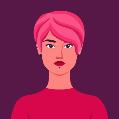 Güzel, gayri resmi, pembe saçlı ve piercingli genç bir kadının portresi. Sosyal medya için Avatar. Düz bir şekilde soyut kadın portresi