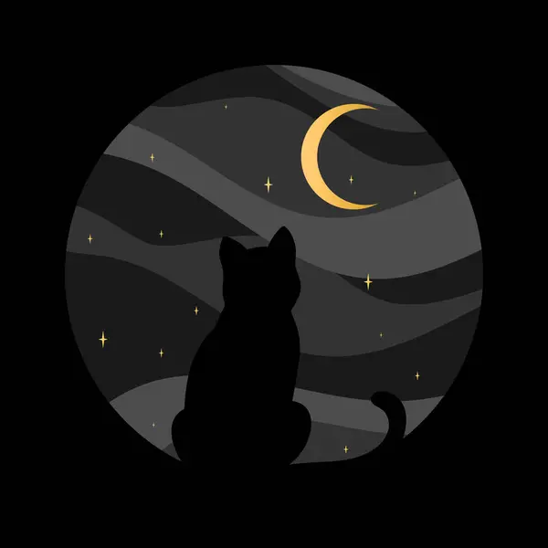 Силует Чорного Кота Фоні Нічного Неба Кіт Дивиться Півмісяць Векторні Ліцензійні Стокові Ілюстрації