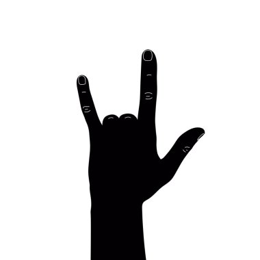 Sert kaya boynuzları işareti. Beyaz çizgili kaya el işareti silueti. Arkadan bak. Vektör illüstrasyonu