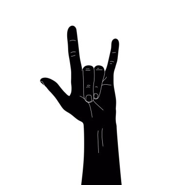 Sert kaya boynuzları işareti. Beyaz çizgili kaya el işareti silueti. Vektör illüstrasyonu