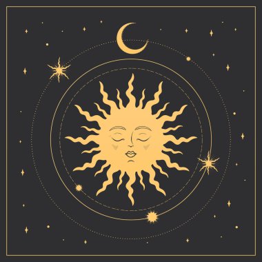 Altın güneş, hilal ve siyah zemin üzerinde yıldızlar olan soyut gökyüzü arkaplanı. Vektör illüstrasyonu