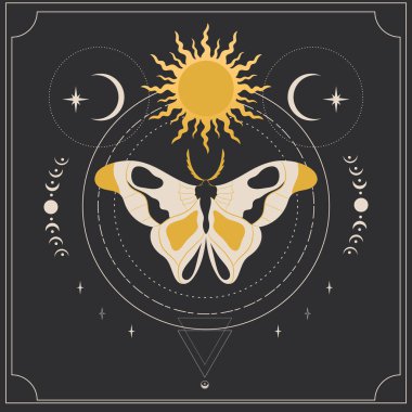 Kelebek, güneş, hilal ve yıldızlarla dolu göksel bir arka plan. Sihirli boho illüstrasyonu. Vektör illüstrasyonu