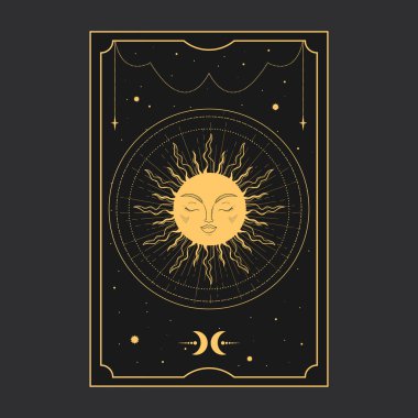 Sihirli güneşli altın tarot kartı. Tarot sembolizmi. Gizem, astroloji, ezoterik. Vektör illüstrasyonu
