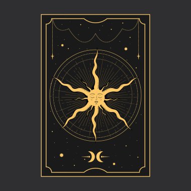 Sihirli yıldızlı Altın Tarot kartı. Tarot sembolizmi. Gizem, astroloji, ezoterik. Vektör illüstrasyonu