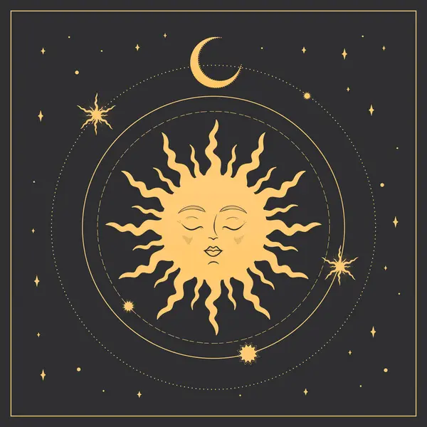 Altın güneş, hilal ve siyah zemin üzerinde yıldızlar olan soyut gökyüzü arkaplanı. Vektör illüstrasyonu