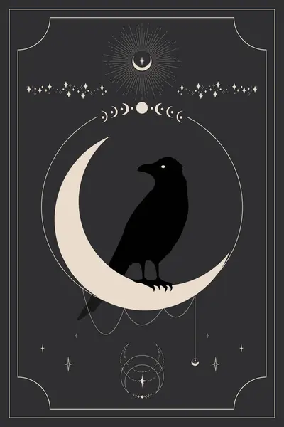 Hilal üzerinde siyah bir karga oturan tarot kartı. Gizem, astroloji, ezoterik. Vektör illüstrasyonu