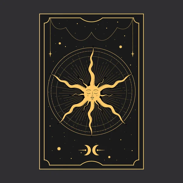 Sihirli yıldızlı Altın Tarot kartı. Tarot sembolizmi. Gizem, astroloji, ezoterik. Vektör illüstrasyonu