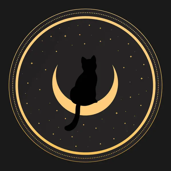 Чорний Кіт Сидить Півмісяці Вид Ззаду Чарівний Чаклунський Фон Векторні Стоковий вектор