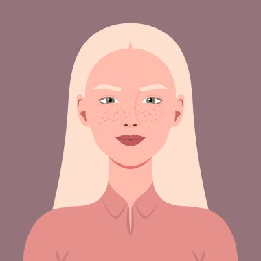 Sarı saçlı ve çilli gülümseyen genç bir kadının portresi. Sosyal medya için Avatar. Vektör illüstrasyonu