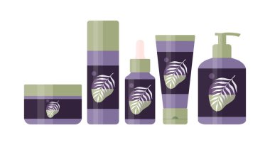 Günlük güzellik için bir takım kozmetik aletler. Cilt bakımı için tüpler ve şişeler ve palmiye yaprağı logosu tasarımlı güzellik. Vektör illüstrasyonu