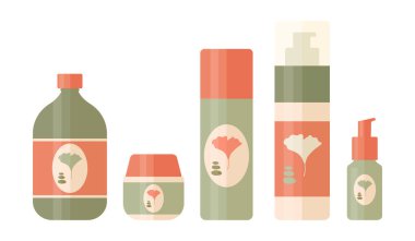 Günlük güzellik için bir takım kozmetik aletler. Cilt bakımı ve güzellik için tüpler ve şişeler ile ginkgo biloba yaprağı logosu tasarımı. Vektör illüstrasyonu