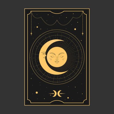 İçinde ay ve hilal olan altın tarot kartı. Tarot sembolizmi. Gizem, astroloji, ezoterik. Vektör illüstrasyonu