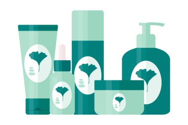 Günlük güzellik için kozmetik ürünler seti. Tüpler ve şişeler cilt bakımı ve güzellik için. Üzerinde ginkgo biloba yaprağı logosu var. Vektör illüstrasyonu