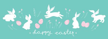 Paskalya bayrağı, şirin beyaz tavşanlar, çiçekler ve paskalya yumurtalarıyla süslenmiş. Vektör illüstrasyonu