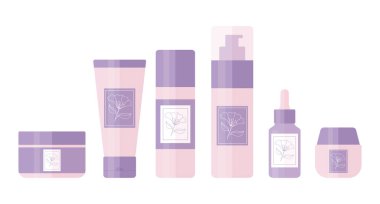 Güzellik ve cilt bakımı için çiçek logosuyla süslenmiş şişe ve tüpler. Kozmetik ürünler paket tasarımı. Vektör illüstrasyonu