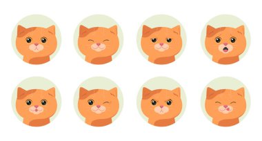 Farklı duyguları olan bir çizgi film karakteri kediler. Duygusal bir kedi. Vektör illüstrasyonu