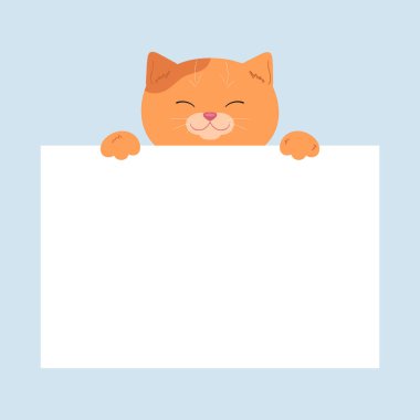 Zencefilli çizgi film kedisi elinde boş bir kağıt tutuyordu. Metin için sevimli şablon. Vektör illüstrasyonu