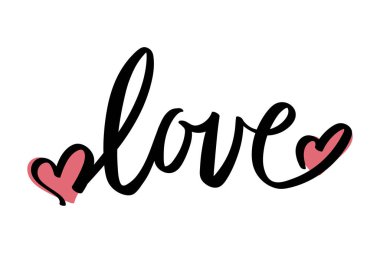 Sevgi. El çizimi kaligrafi. Fırça harfleri. Kalplerle süslenmiş. Vektör illüstrasyonu