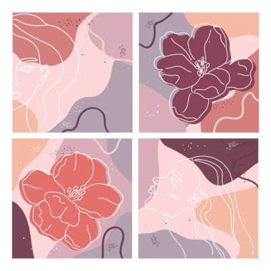 Kadının dış hatları ve çiçekleri olan bir dizi soyut minimalist kart. Boho şablonları gizler. Vektör illüstrasyonu